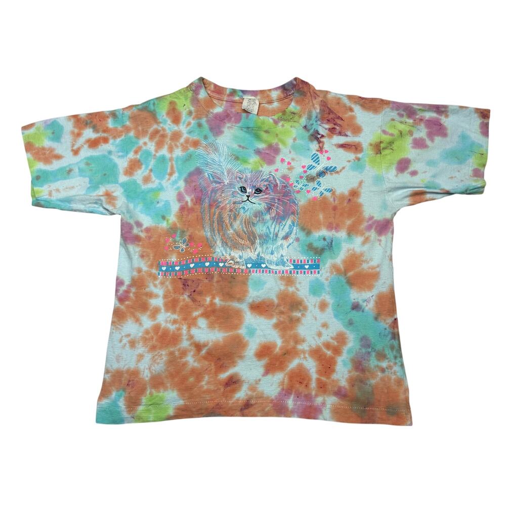 Vintage 90s Tie Dye Cat Persian Kitten Rainbow T Shirt Mens Medium Streetwear